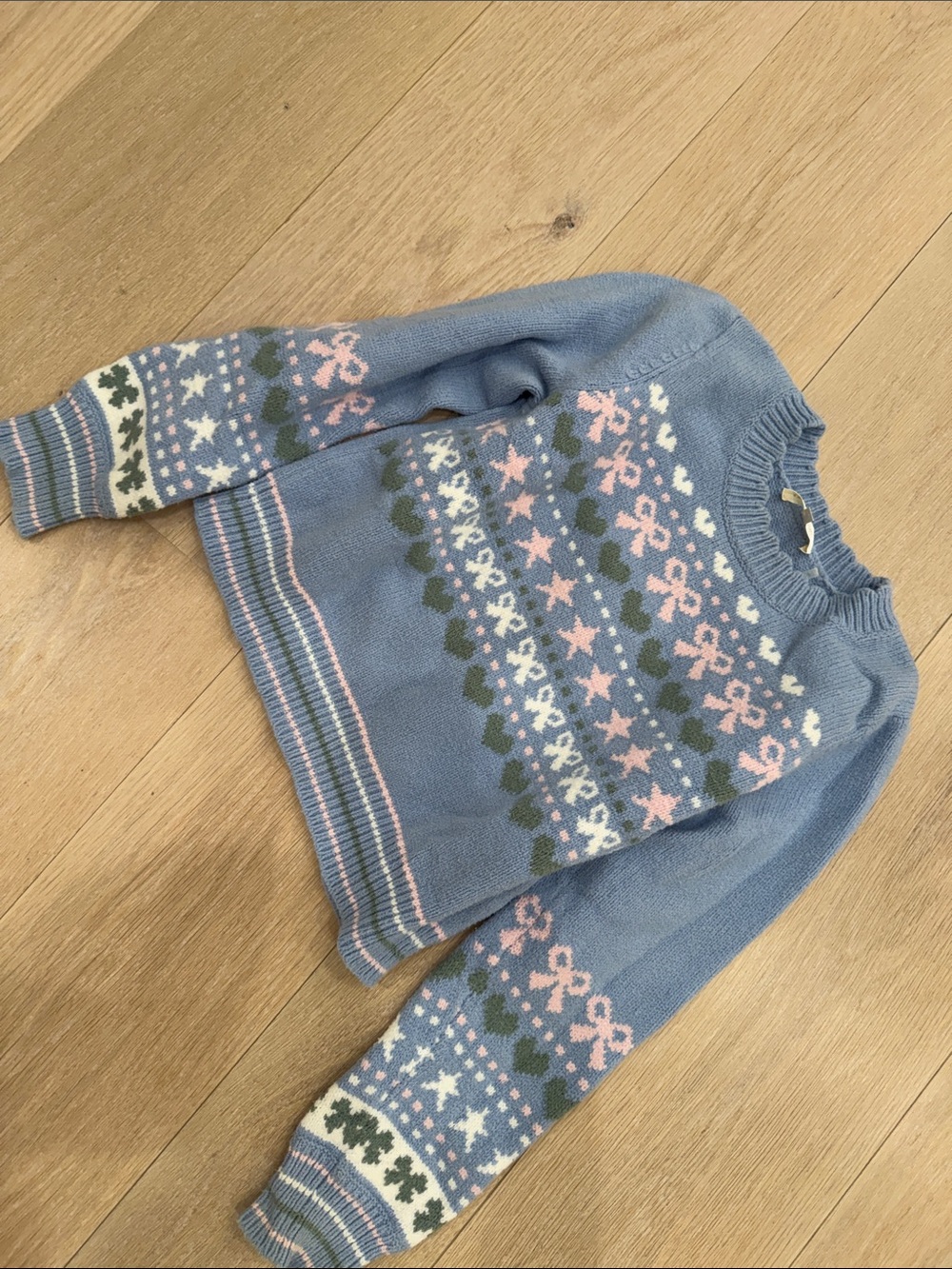 LoveShackFancy Pastel Blue Fair Isle Crewneck Sweater